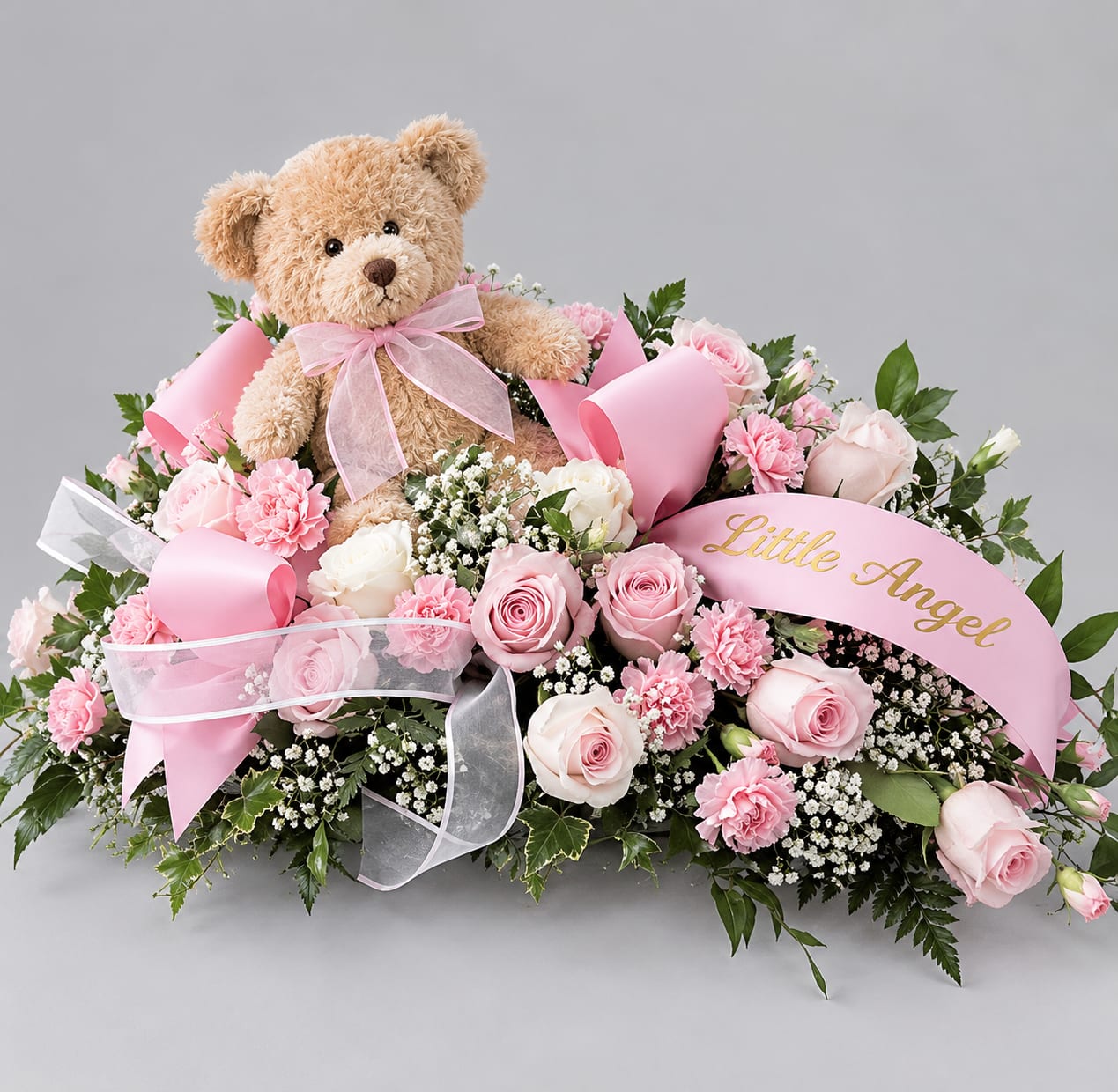 Pink rose arrangement with a teddy bear and ribbon banner