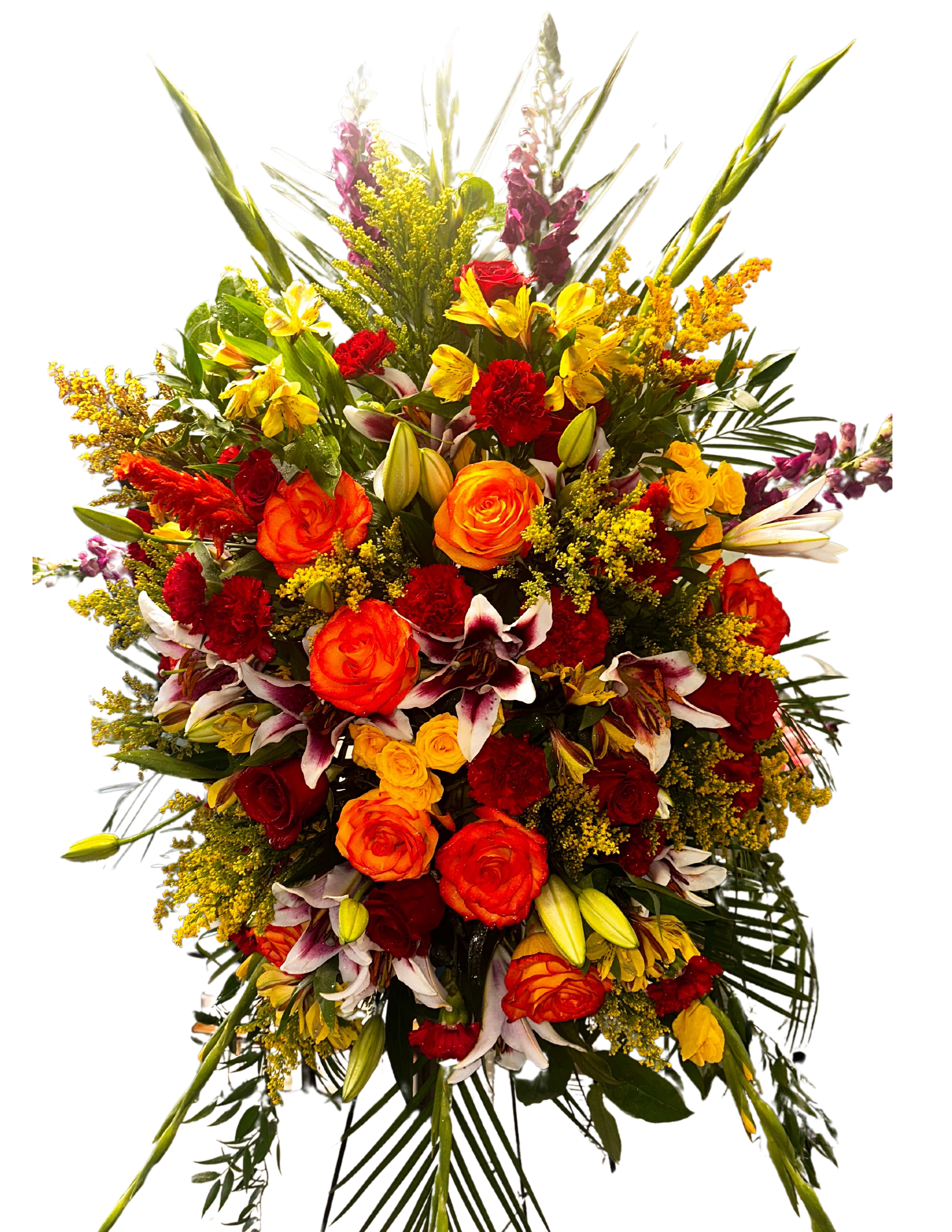 Large bouquet of orange, red, yellow, and white flowers
