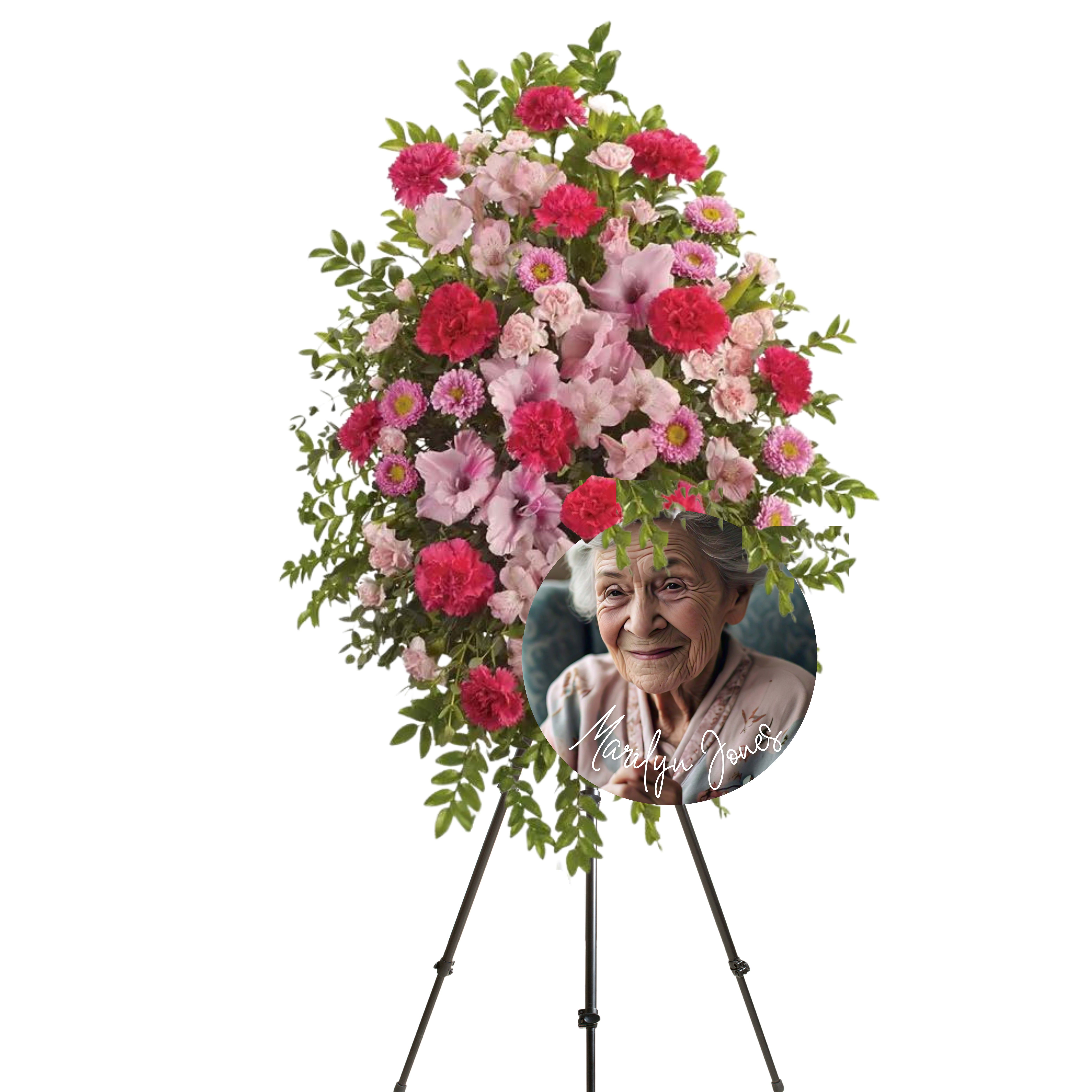 Add a photo to any sympathy spray - Add on item Add a metal picture of your loved one on to any spray. Please email the photo and name you'd like to stargazing8882024@outlook.com after purchase. This can go onto any standing spray arrangement.