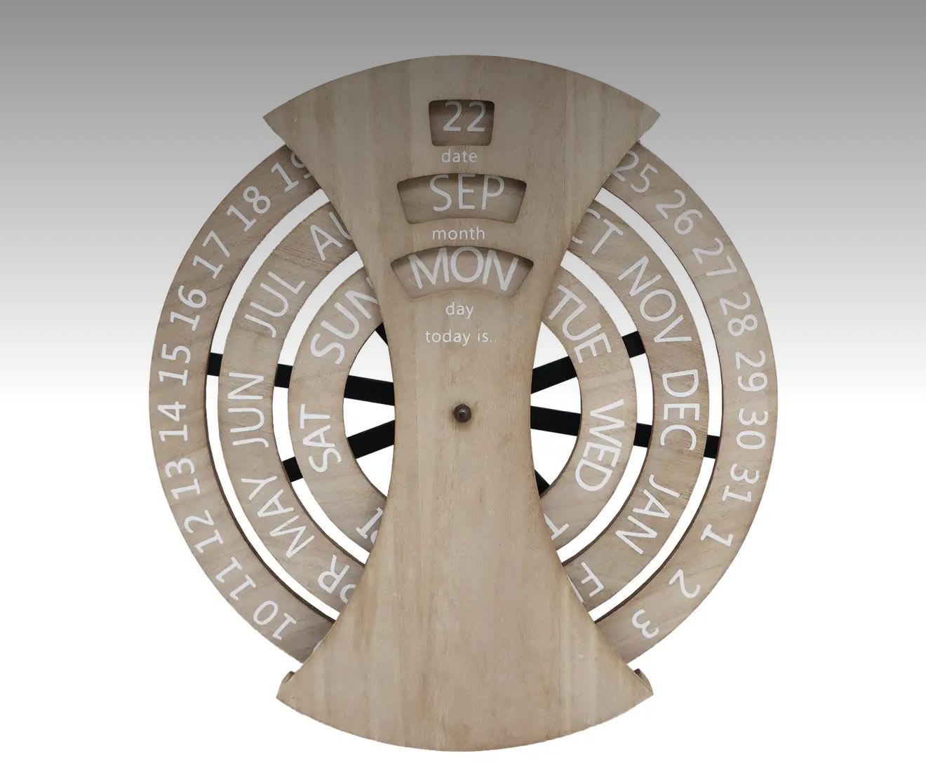 Wooden perpetual calendar with rotating month and day rings