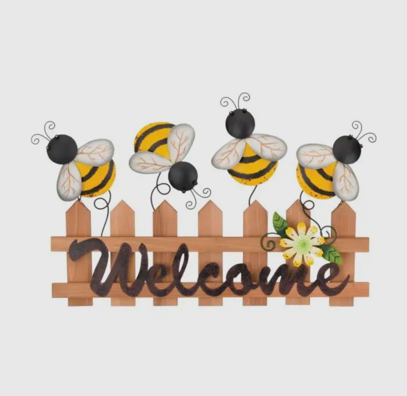 Bee-themed wooden welcome sign with decorative bees and a flower accent