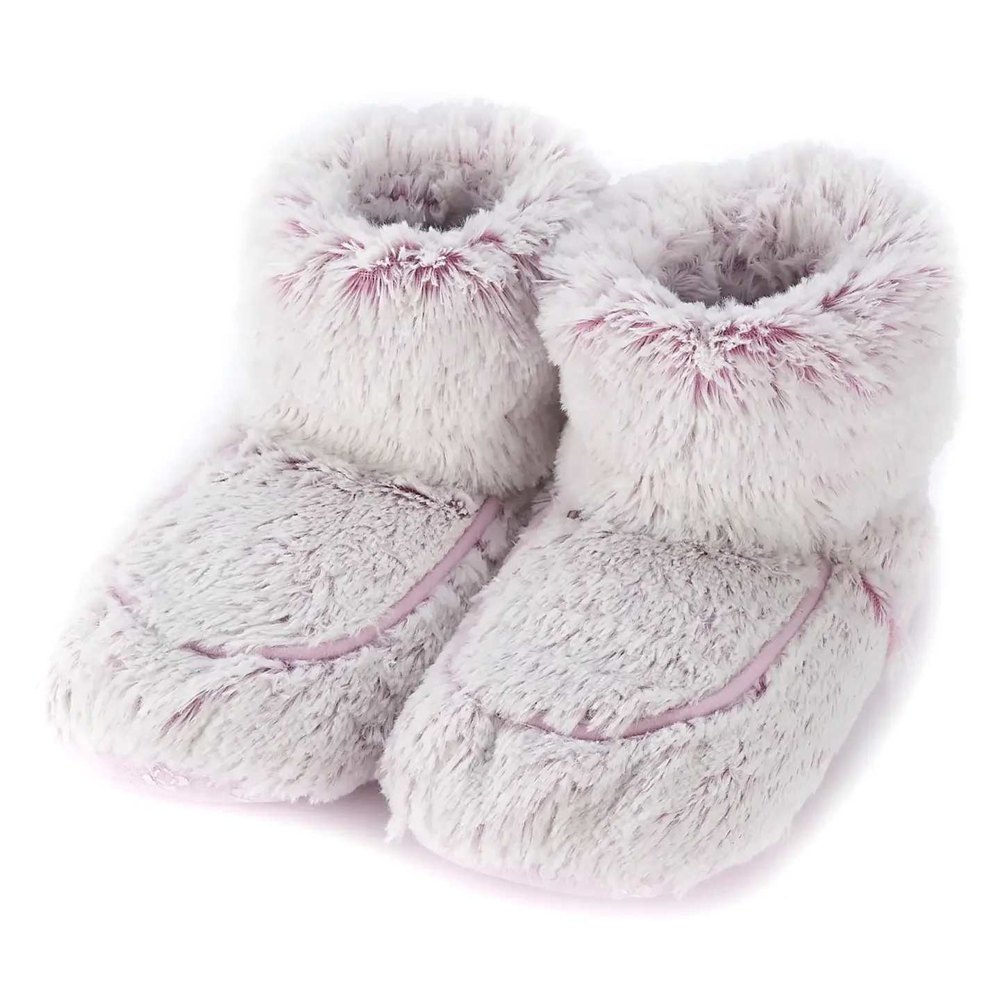 Pair of fluffy pink-and-white fur baby booties