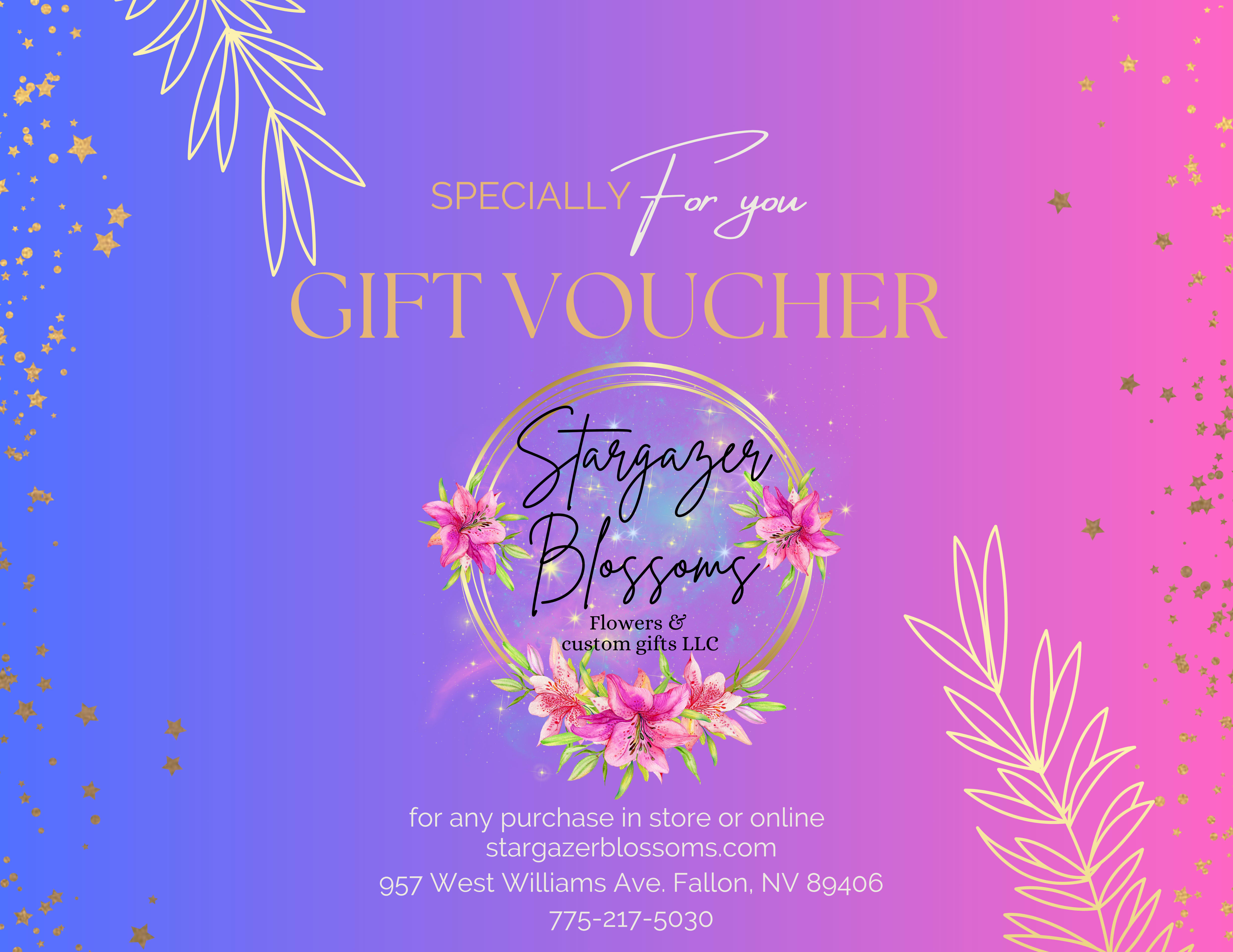 Gift voucher graphic with pink flowers on a purple and pink background