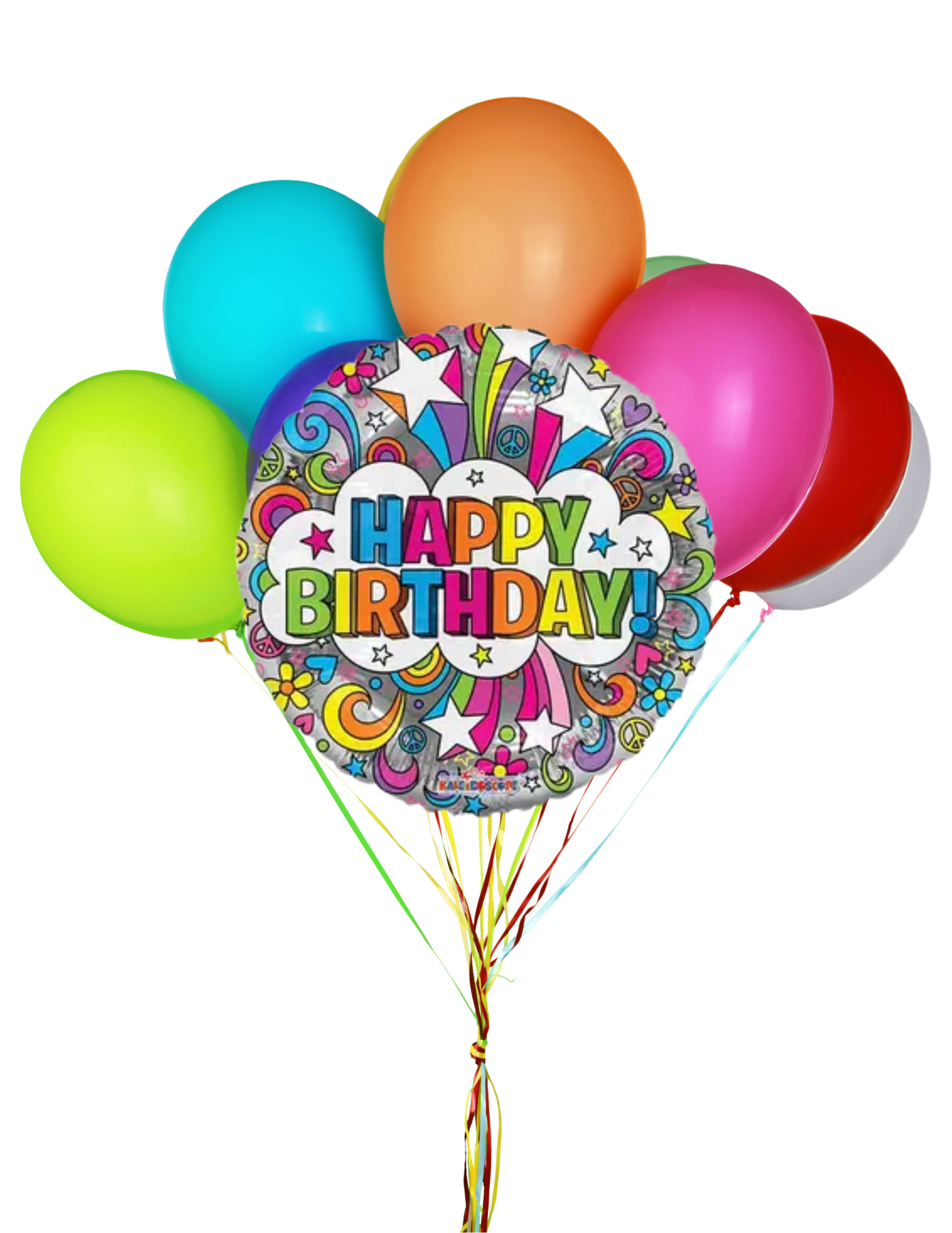 Birthday balloon bouquet with colorful latex balloons and a "Happy Birthday" foil balloon