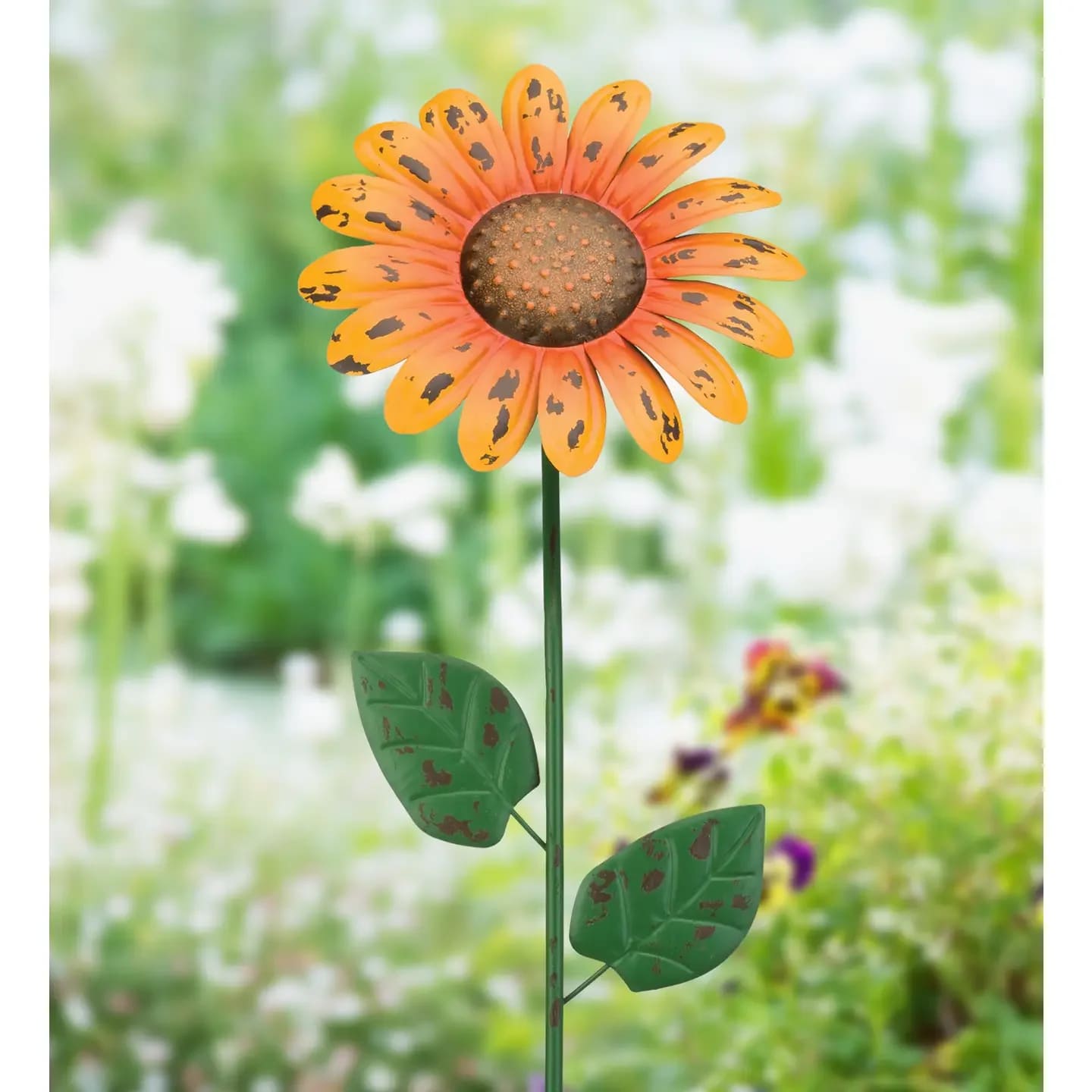  36" Rustic Flower Stake - Daisy - With the charm of weathered metal, our hand-painted Rustic Flowers come alive in vibrant colors. Classic styles for year round decor. Available in 4 styles: Daisy, Marigold, Mum and Sunflower.
