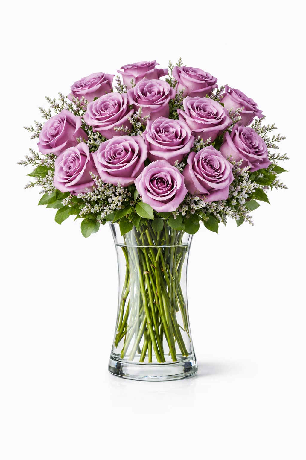 1 Dozen Lavender Roses  - 12 purple roses, with mixed greens.  *Vase/container may vary depending on availability of stock at time of purchase. *We strive to use the flowers shown whenever possible; however, substitutions of equal or greater value may be made based on seasonal and market availability.                    