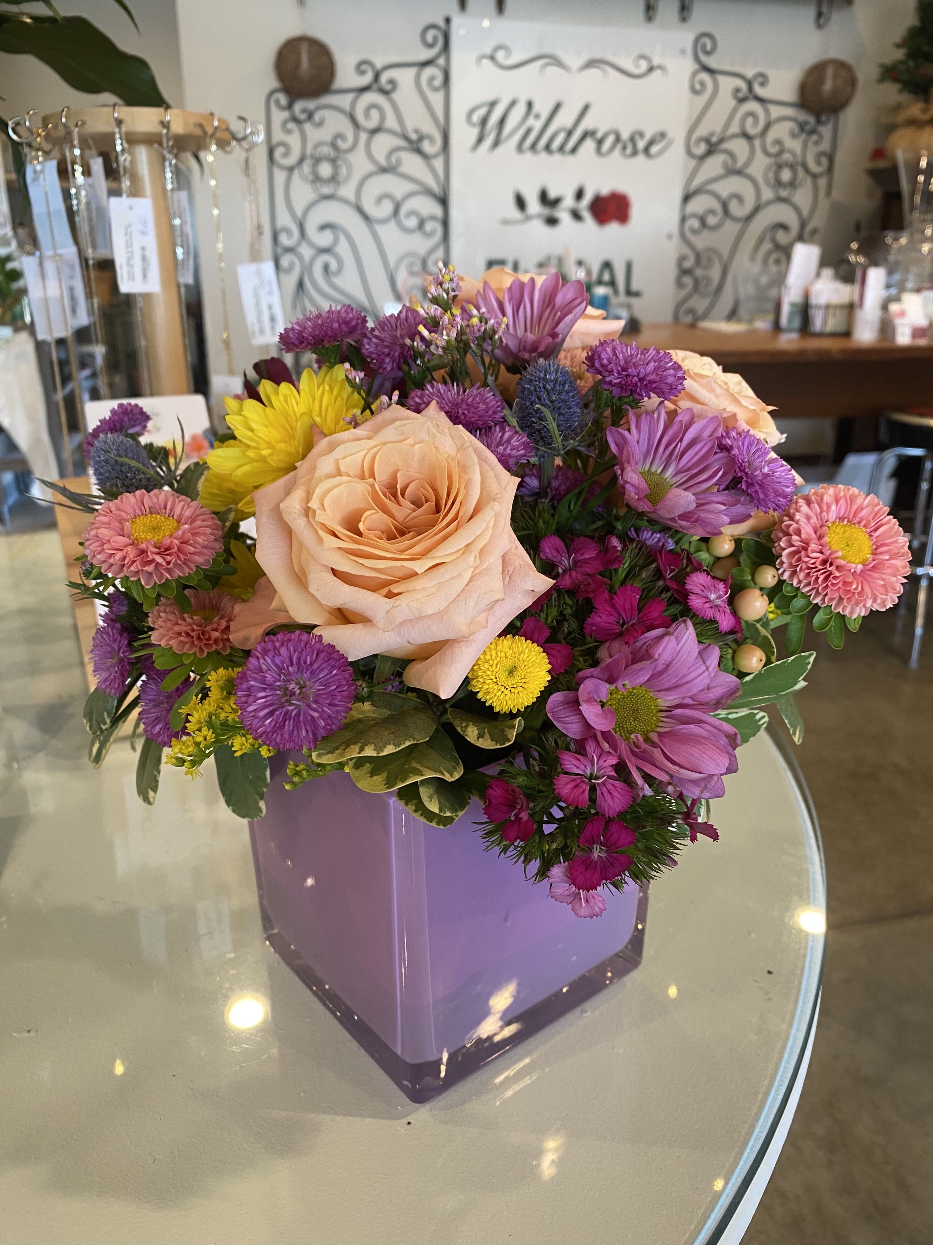 Flower Cube  - Custom flower selection by designer in a lovely lavender glass cube!