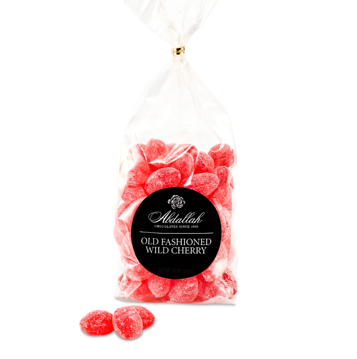 Bag of red cherry candies with a black label