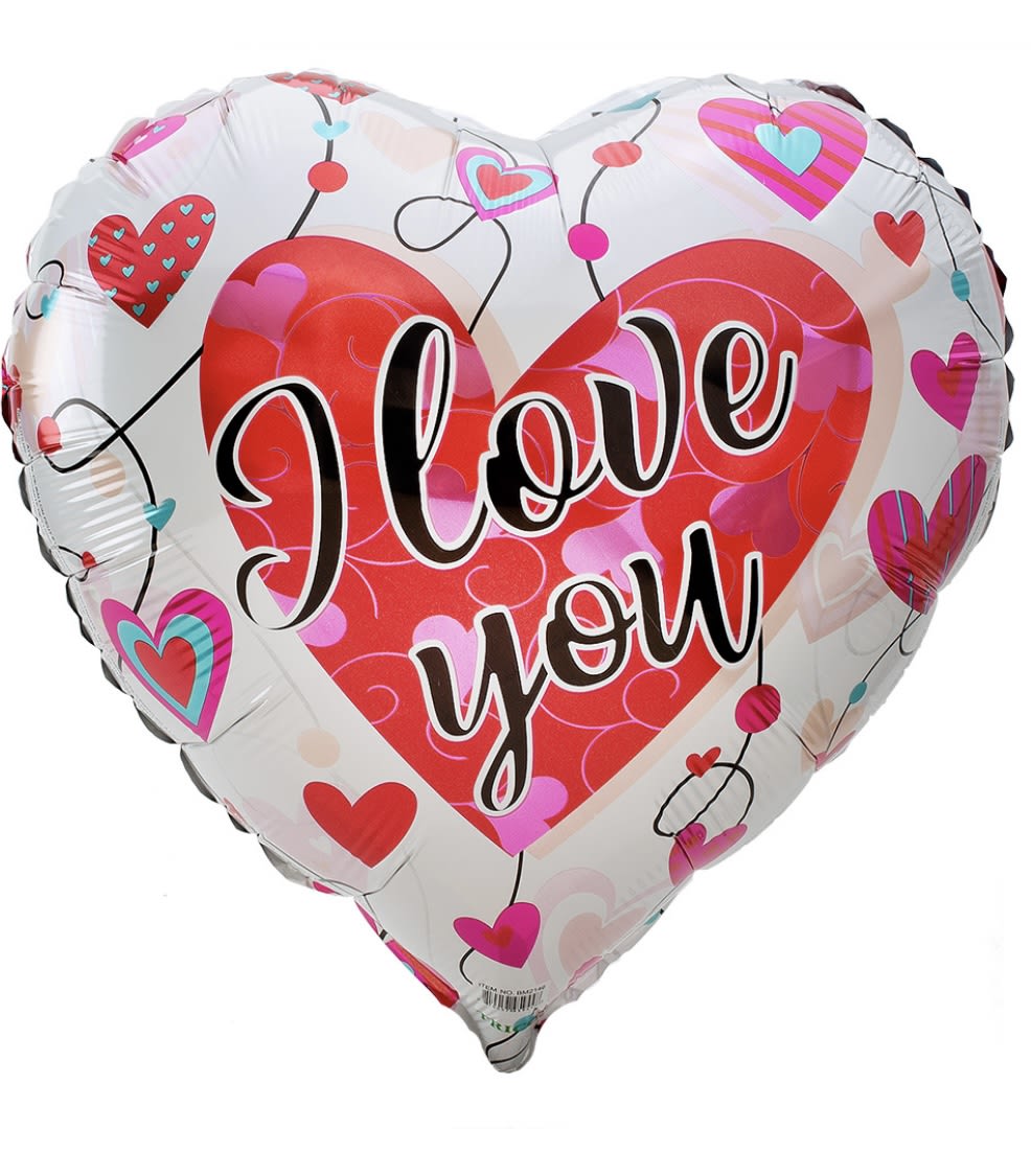 Heart-shaped balloon with "Love you" text and colorful hearts