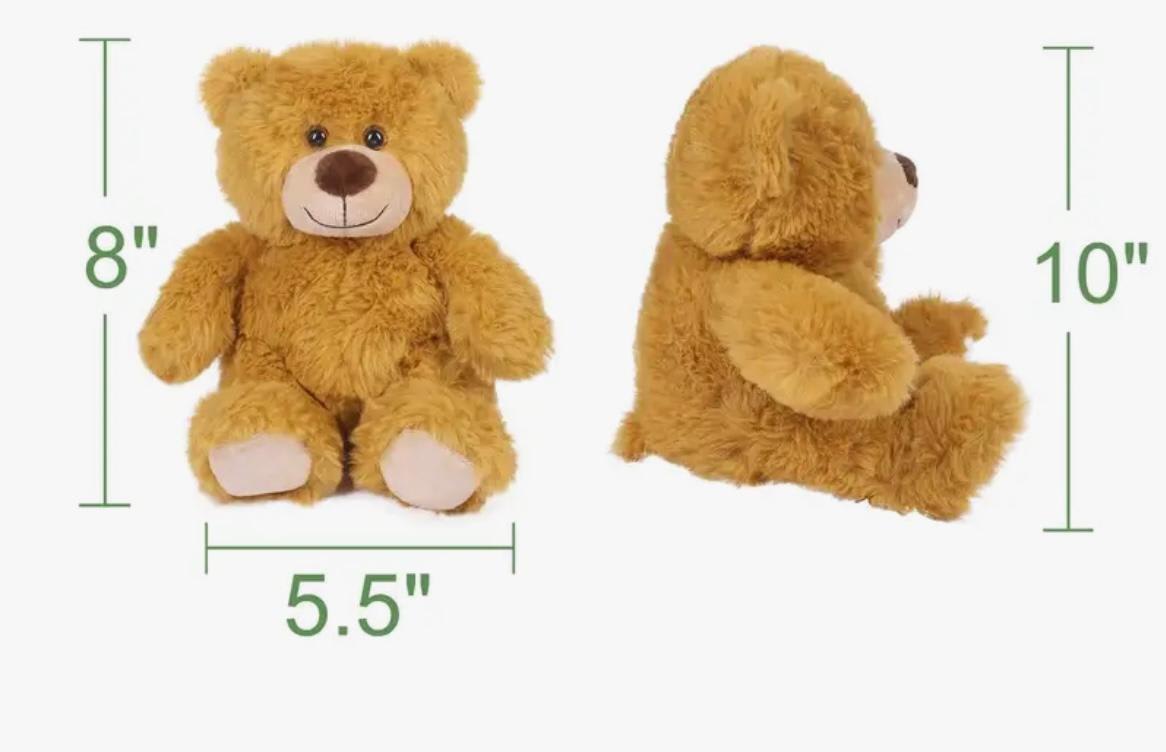 Small brown teddy bear shown front and side with size measurements