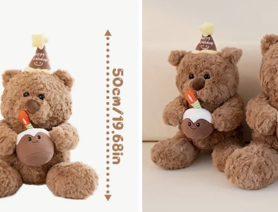 Plush teddy bear holding a cupcake and wearing a birthday hat