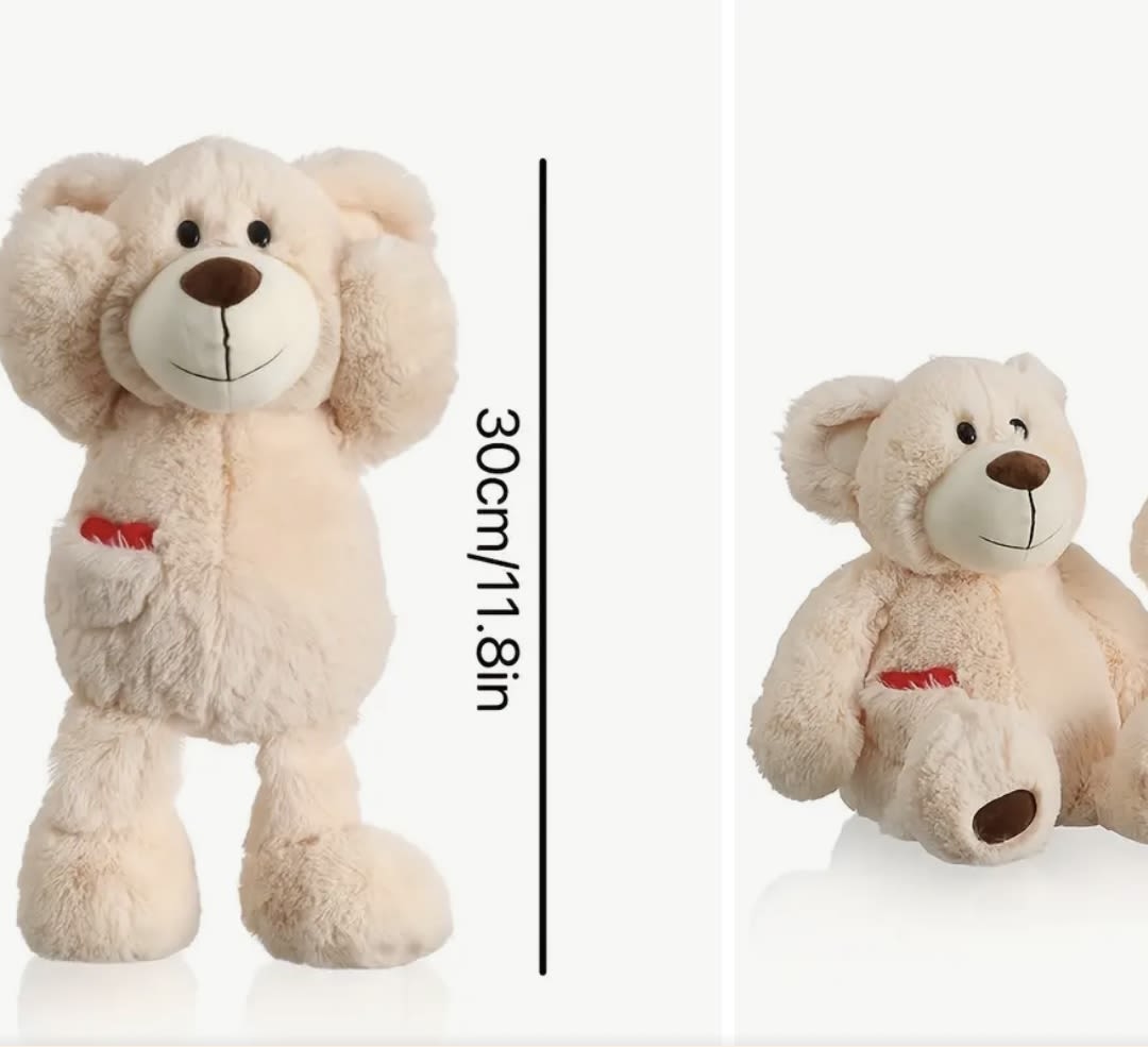 Two beige teddy bears, one standing and one sitting, with a 30 cm height label