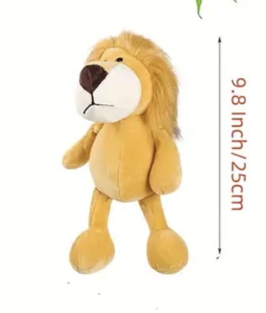 Plush lion toy standing on a white background