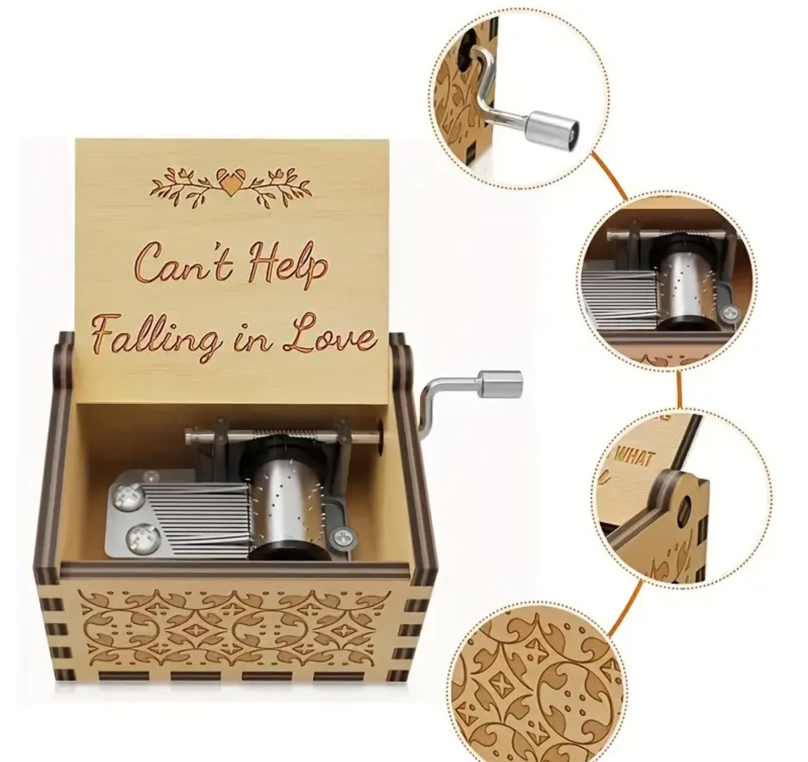 Wooden music box with engraved "Can't Help Falling in Love" text