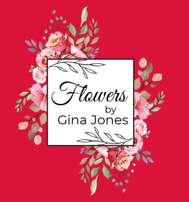 Floral logo reading "Flowers by Gina Jones" on a red background