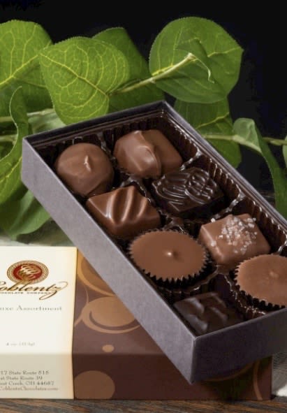 Box of assorted chocolates with green leaves behind it