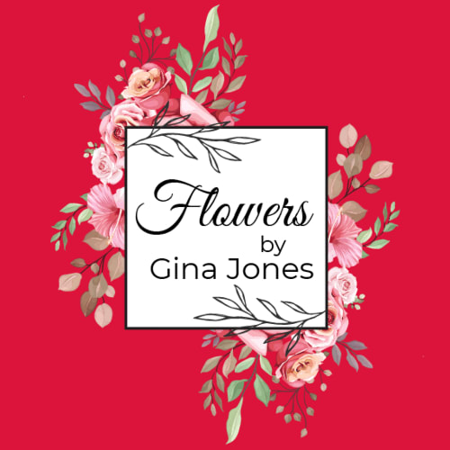 Floral logo with pink roses around a white square reading Flowers by Gina Jones