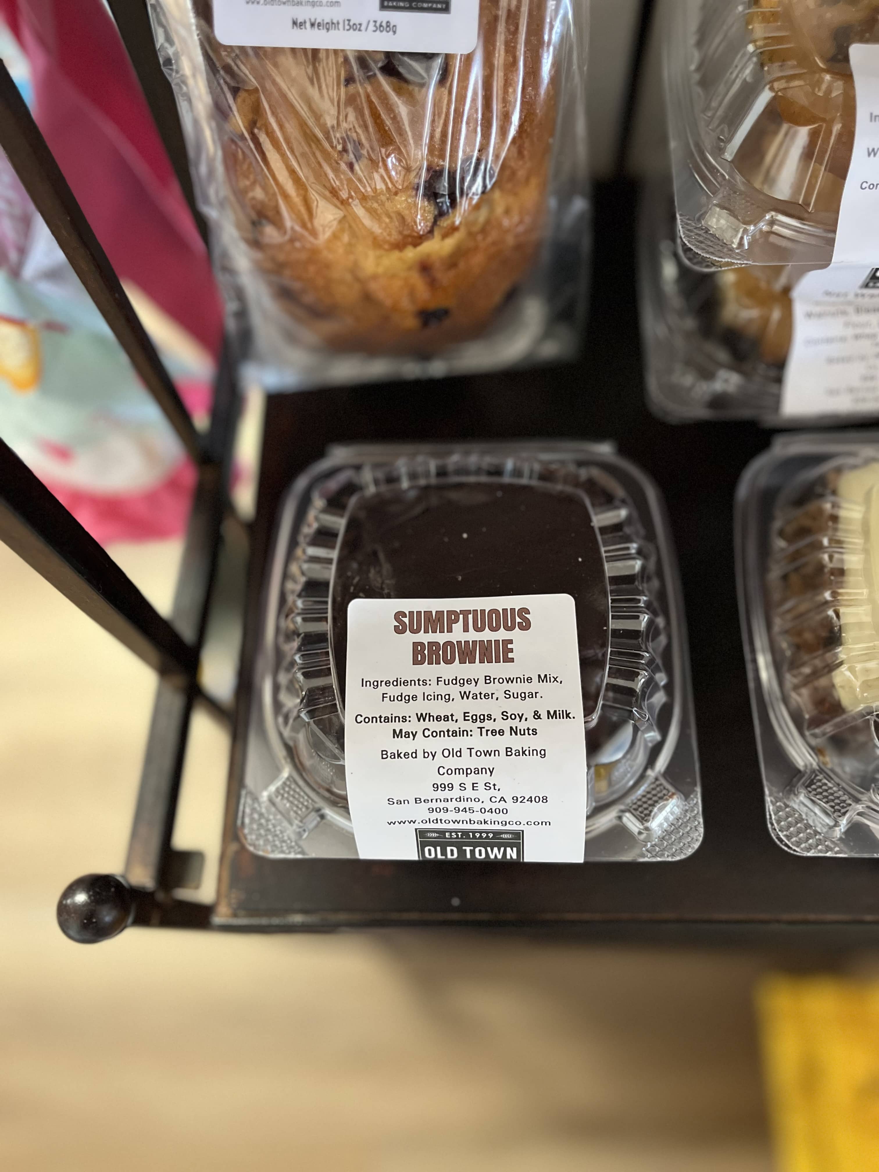 Packaged brownie in a clear plastic clamshell container