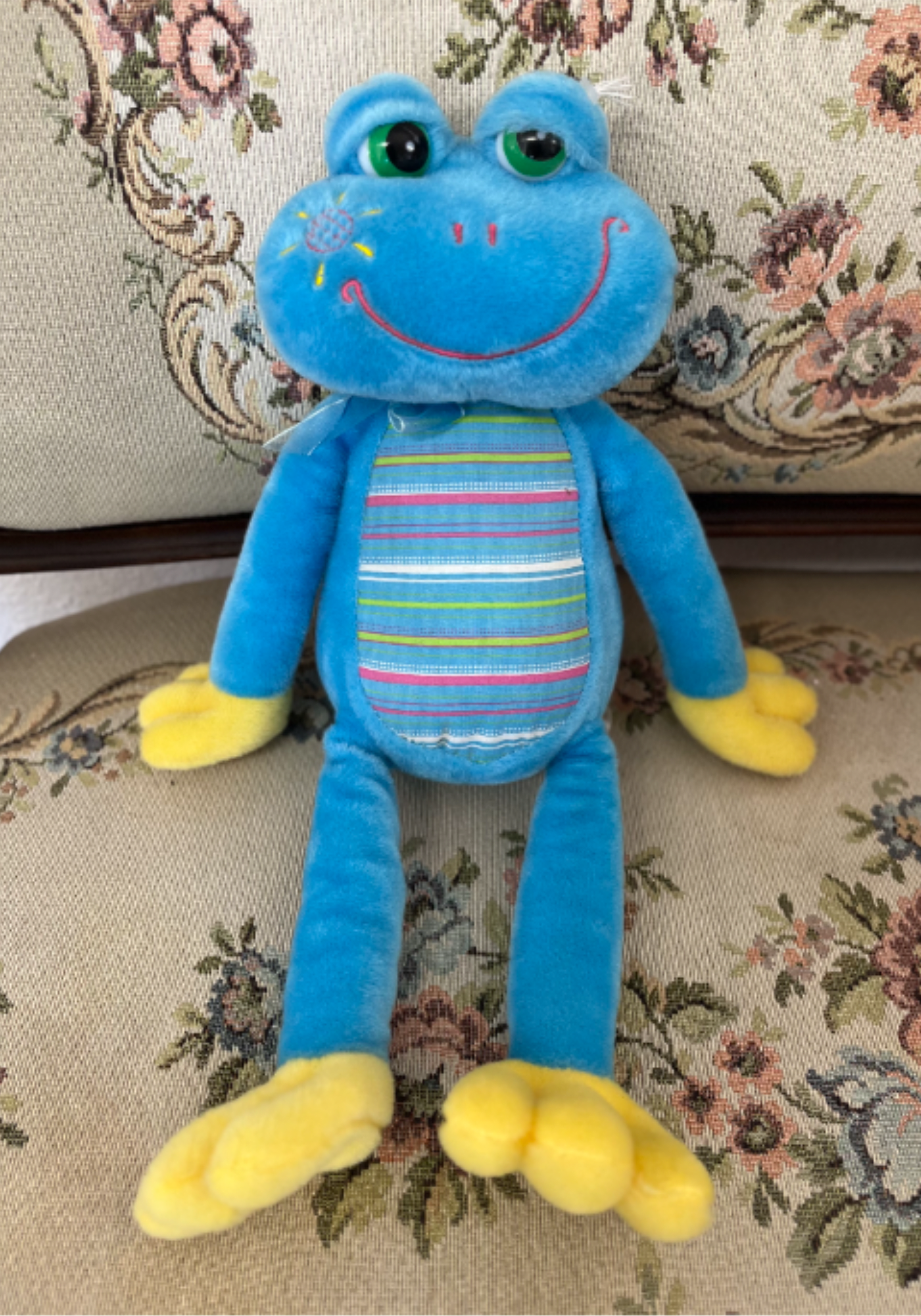 Blue Frog Plush - Bright blue cuddly frog plush with striped belly and yellow feet