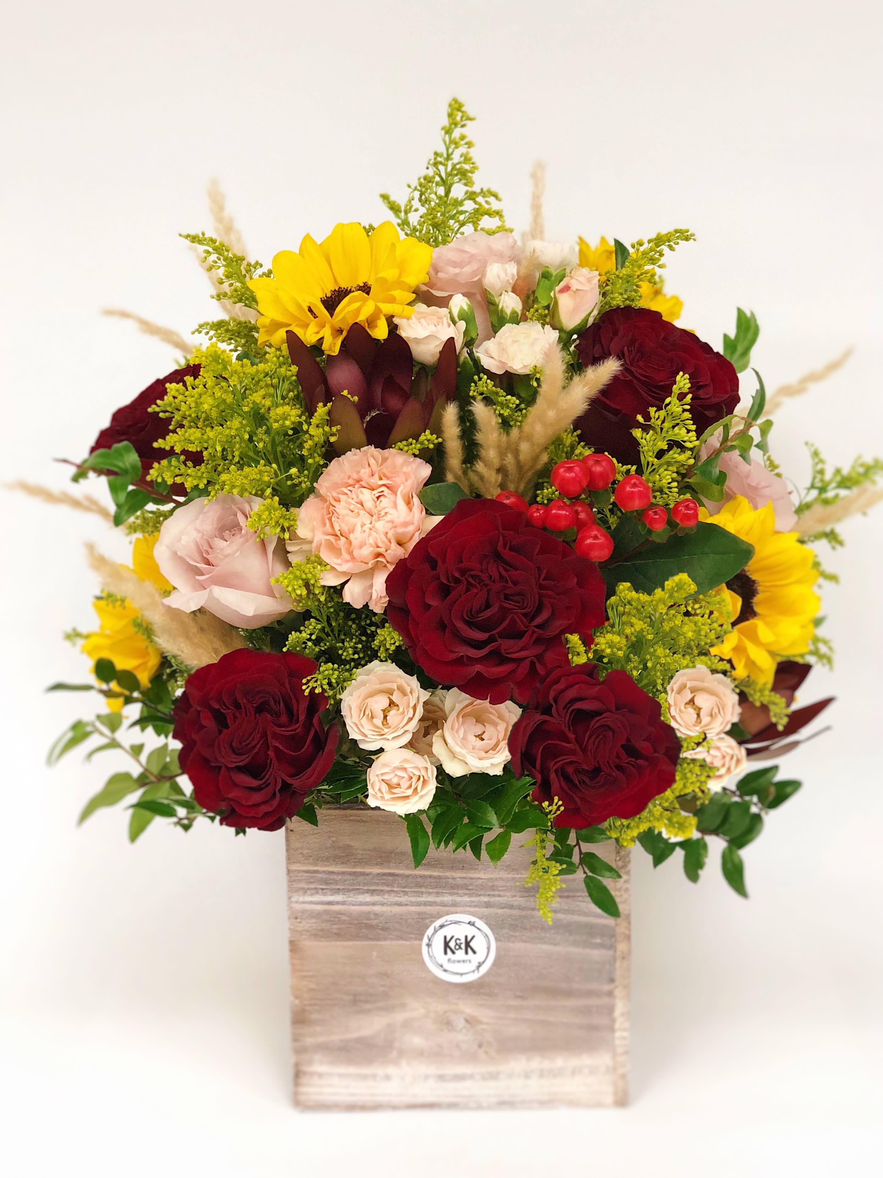 Fall Tall Wood box  - If You want bouquet with a twist, choose our flower boxes. We have wood boxes for rustic looking arrangements, or hat boxes for a more elegant look. It’s a beautiful and convenient way. Flowers in boxes don’t need vases. That makes it perfect for transportation and keeping flowers hydrated and secure.
