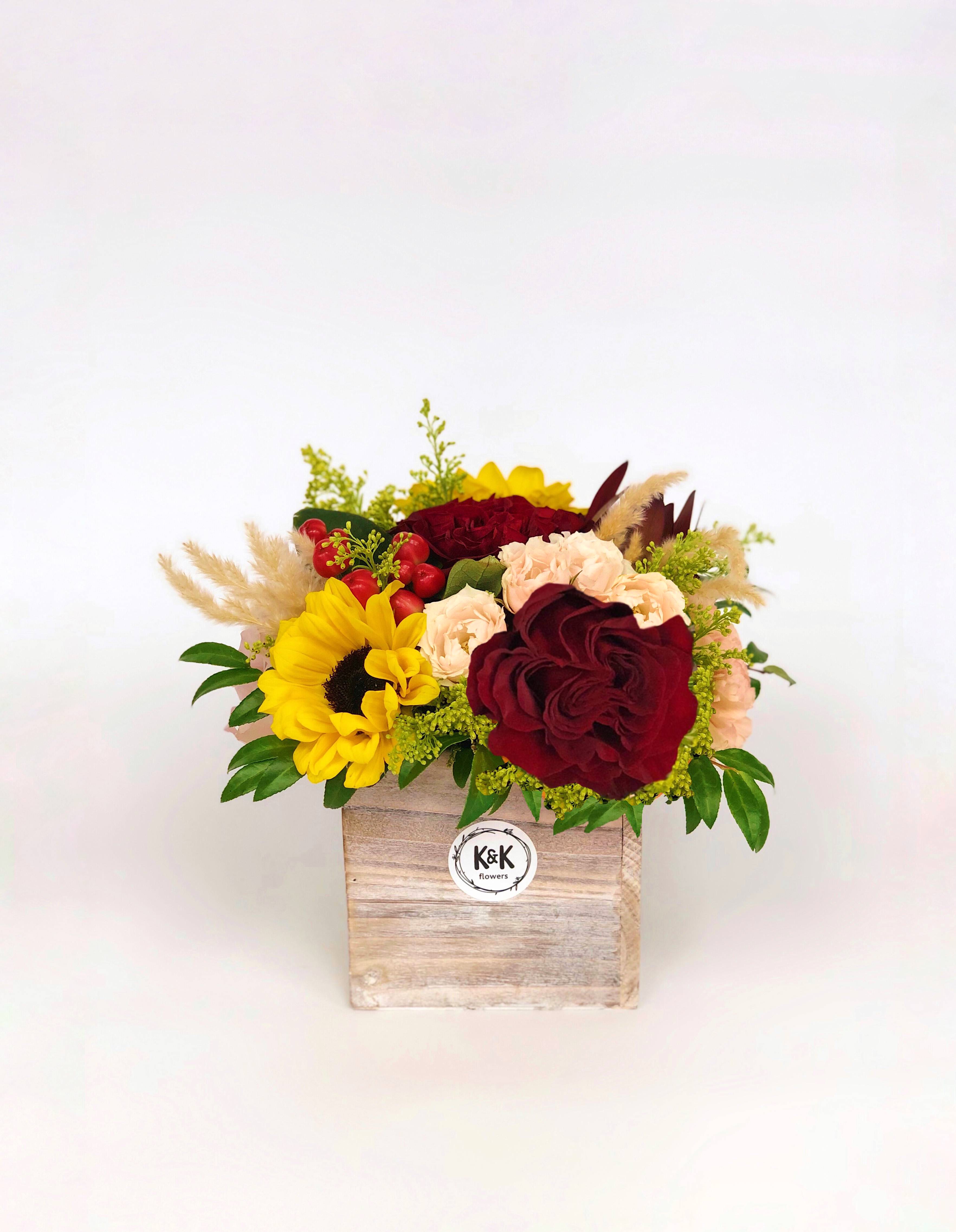Fall wood box arrangement small - If You want bouquet with a twist, choose our flower boxes. We have wood boxes for rustic looking arrangements, or hat boxes for a more elegant look. It’s a beautiful and convenient way. Flowers in boxes don’t need vases. That makes it perfect for transportation and keeping flowers hydrated and secure.