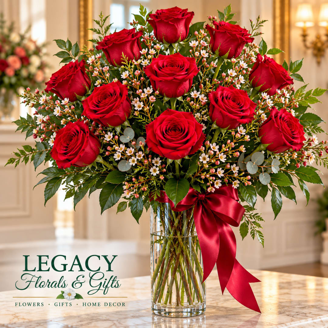 Red roses arranged in a clear glass vase with a red ribbon
