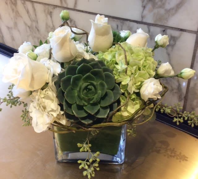 White roses and green hydrangeas arranged around a dark green succulent in a glass vase