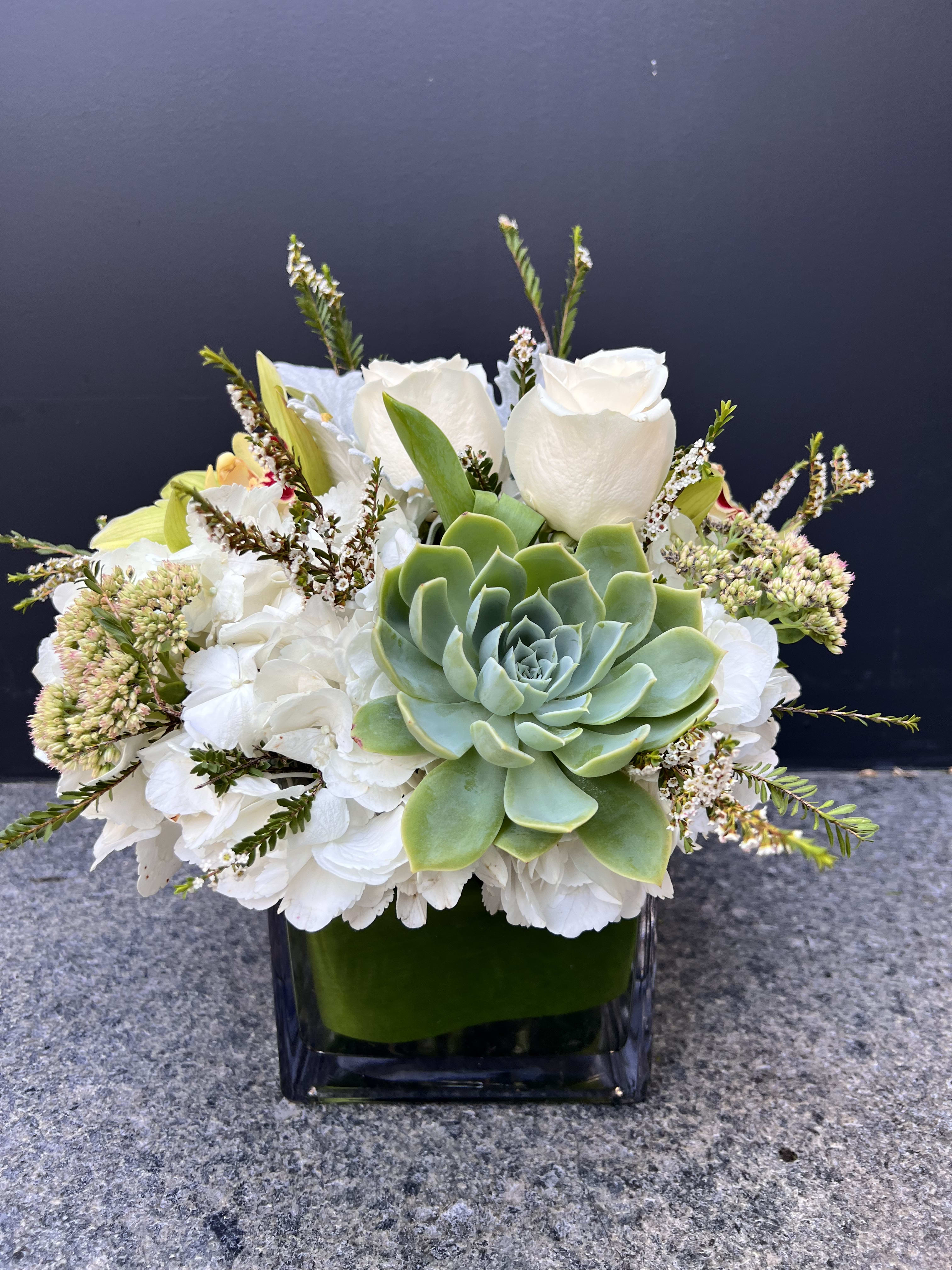 Low square arrangement with green succulent, white roses and hydrangeas in a clear glass cube vase.