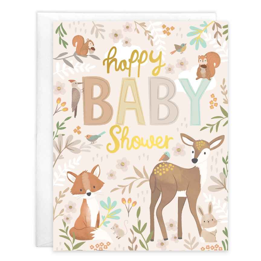 Baby Greeting Card - Forest Animals - Greeting card with envelope reads:  Front: "Happy Baby Shower" Inside: "Showering you and baby with love. Congratulations!"  Gina B Designs is a woman-owned company creating beautiful greeting cards, stationery, and gifts since 1984. Featuring original art, foil, and glitter embellishments. Proudly made in the USA
