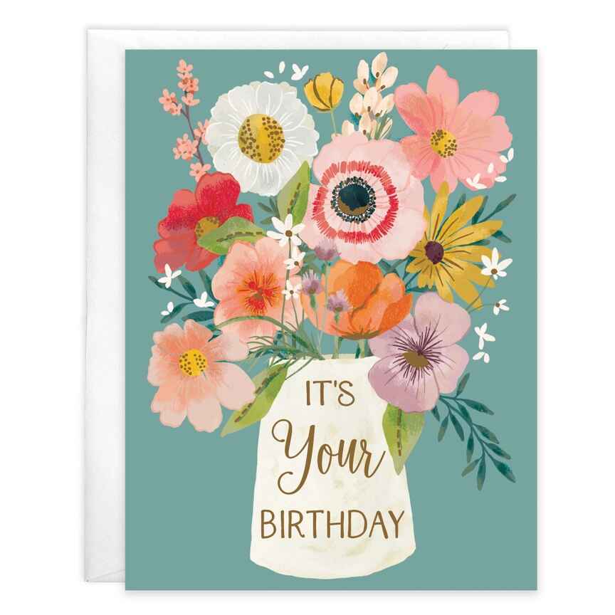 Birthday Greeting Card - Flower Vase - Greeting card with envelope reads:  Front: "It's Your Birthday" Inside: "Wishing you happiness today and everyday. Happy Birthday"  Gina B Designs is a woman-owned company creating beautiful greeting cards, stationery, and gifts since 1984. Featuring original art, foil, and glitter embellishments. Proudly made in the USA