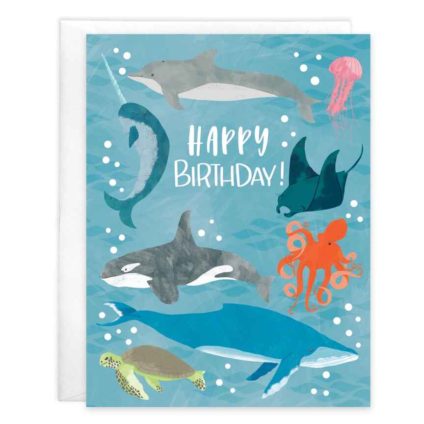 Birthday Greeting Card - Ocean - Greeting card with envelope reads:  Front: "Happy Birthday" Inside: "Hope your day is cool and amazing like you!"  Gina B Designs is a woman-owned company creating beautiful greeting cards, stationery, and gifts since 1984. Featuring original art, foil, and glitter embellishments. Proudly made in the USA
