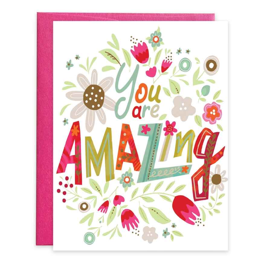 Thank You Greeting Card - Amazing Flora - Greeting card with envelope reads:  Front: "You are amazing" Inside: "So grateful for you"  Gina B Designs is a woman-owned company creating beautiful greeting cards, stationery, and gifts since 1984. Featuring original art, foil, and glitter embellishments. Proudly made in the USA
