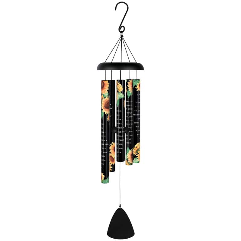Black wind chime with sunflower-printed tubes and a hanging clapper