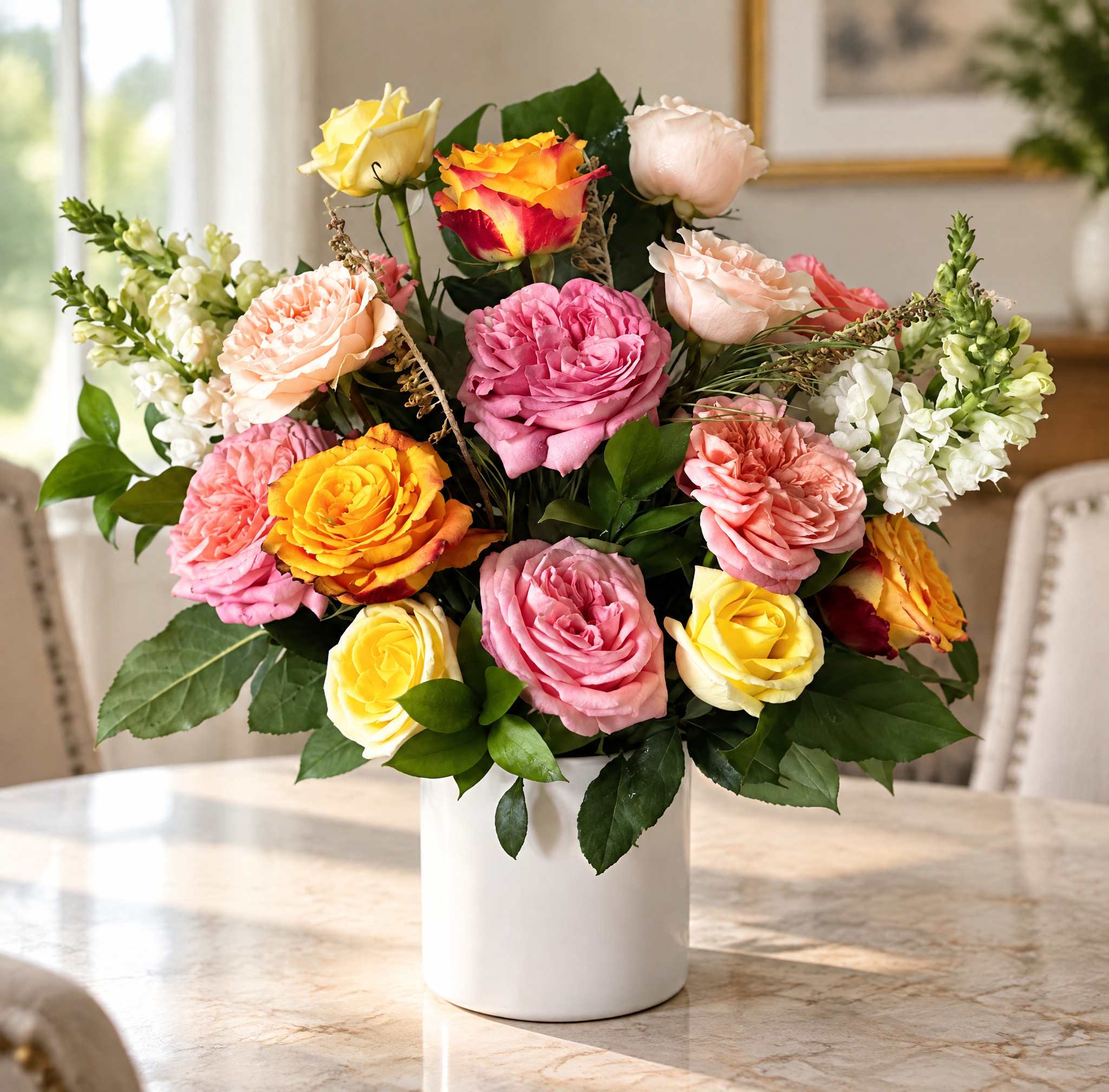 Mixed roses in a white vase on a table