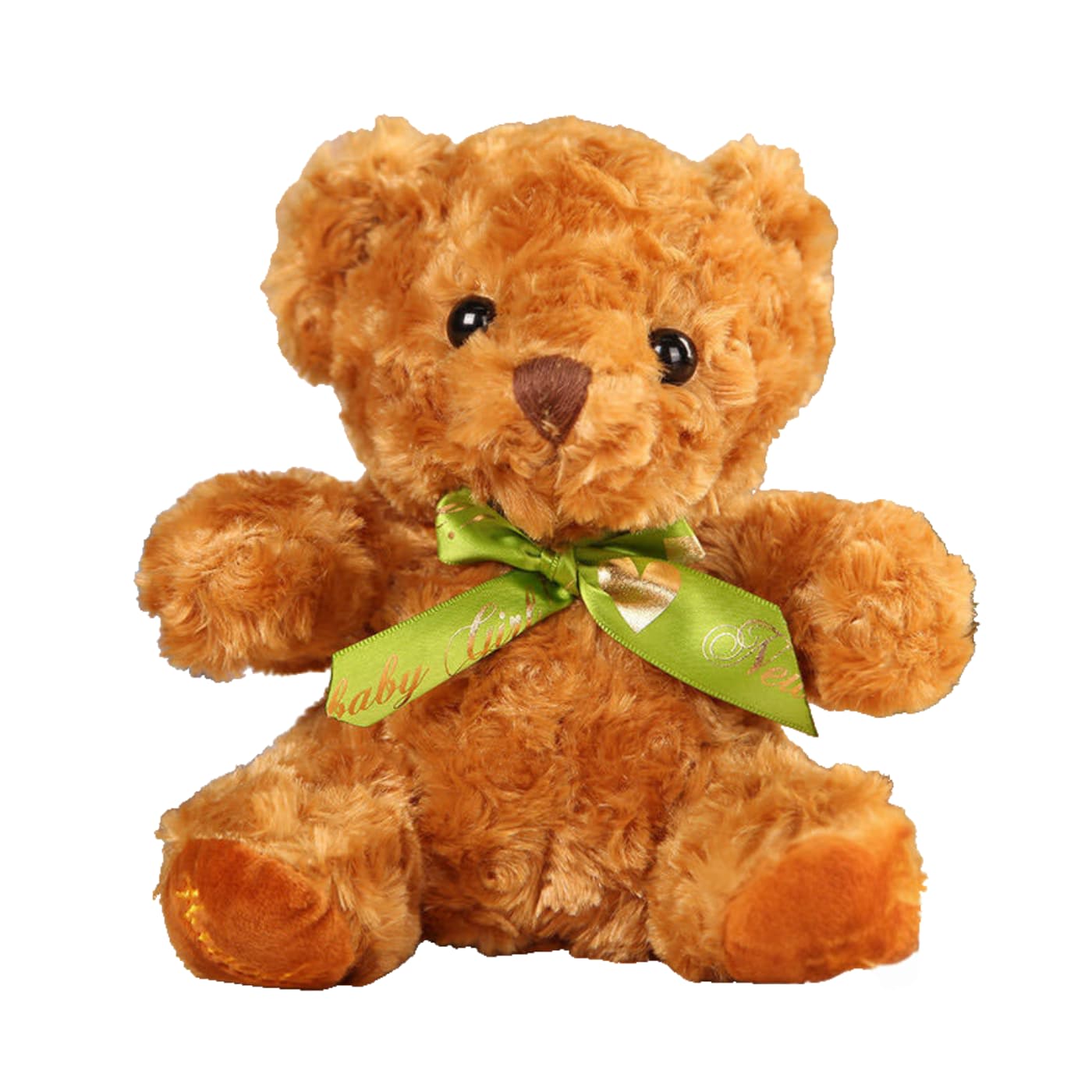 Brown teddy bear with a green ribbon bow