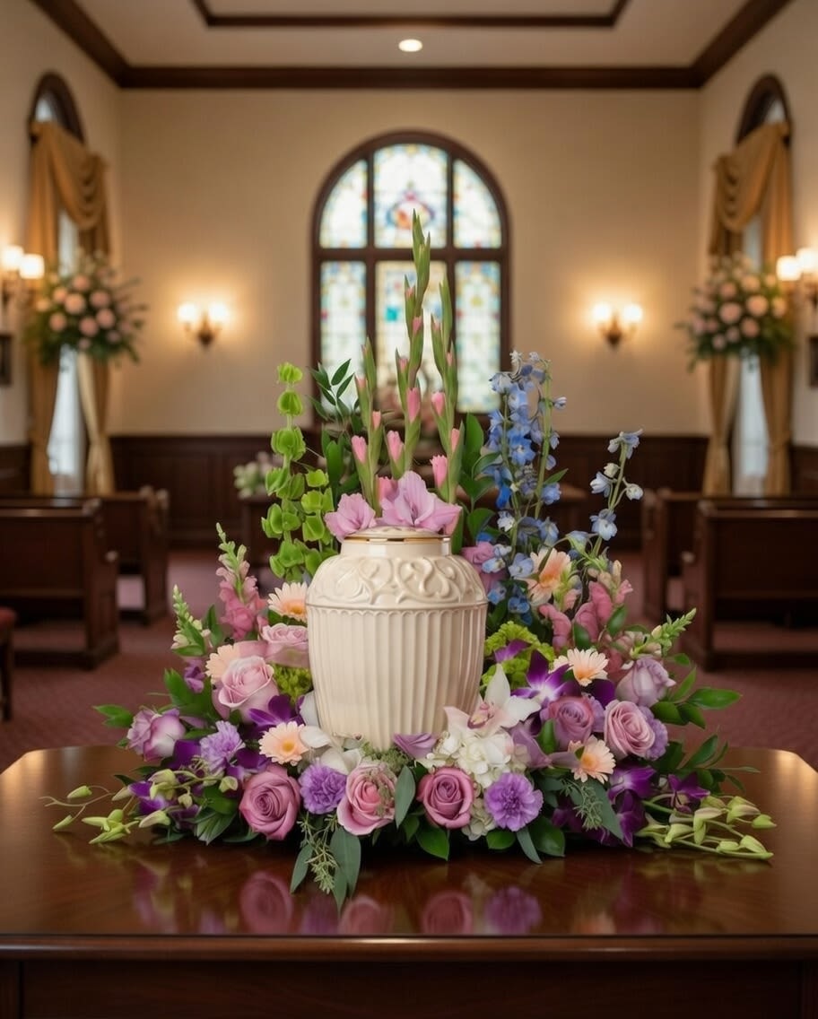 Pastel floral centerpiece around a cream urn in a church interior