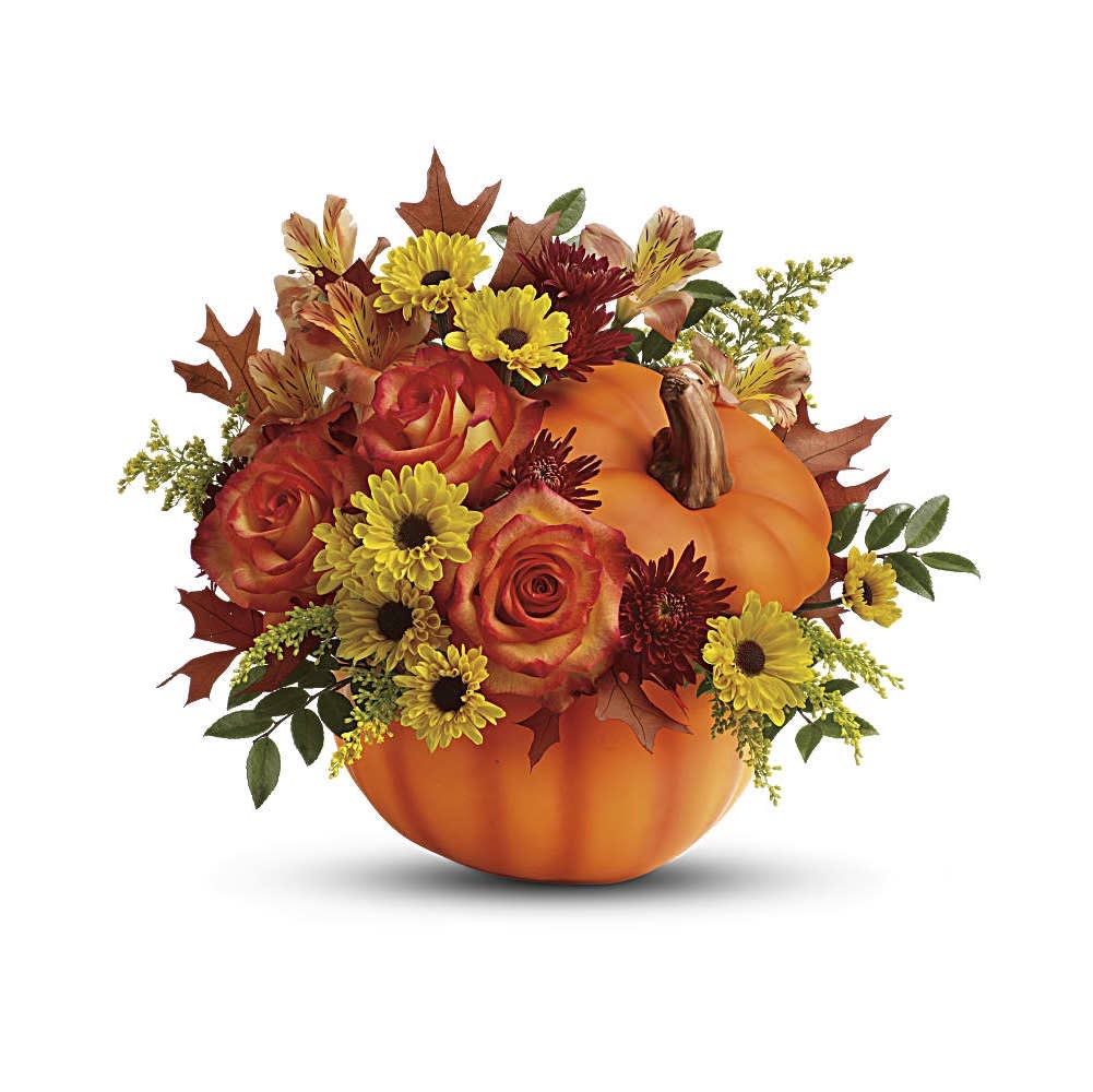 Pumpkin-shaped arrangement with roses and daisies