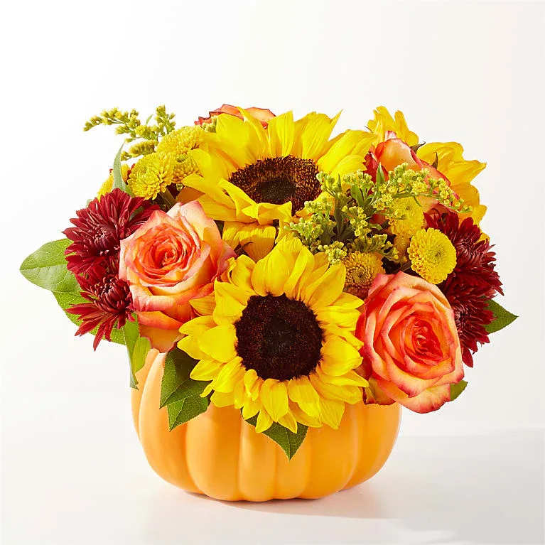 Golden Gourd Pumpkin Bouquet - No need to go to the pumpkin patch this year with this gorgeous arrangement of seasonal stems, artfully arranged in a pumpkin vase to deliver some happiness.