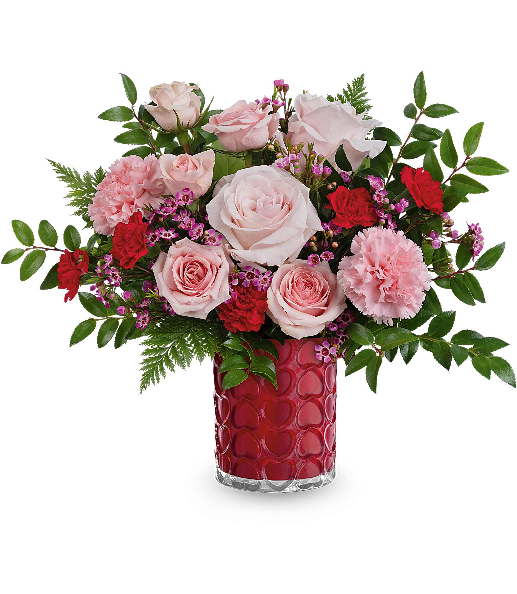 Pink roses and carnations arranged in a red glass vase