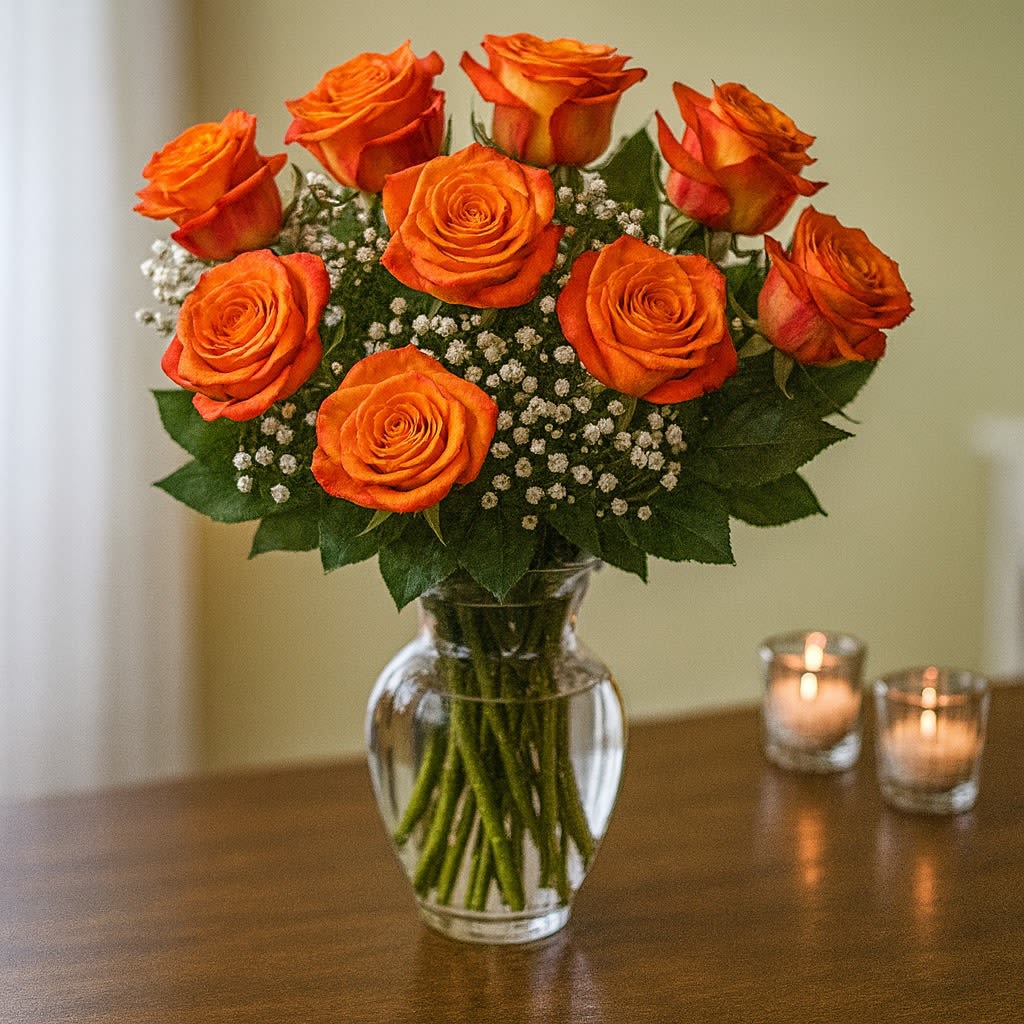 Orange roses arranged in a clear glass vase