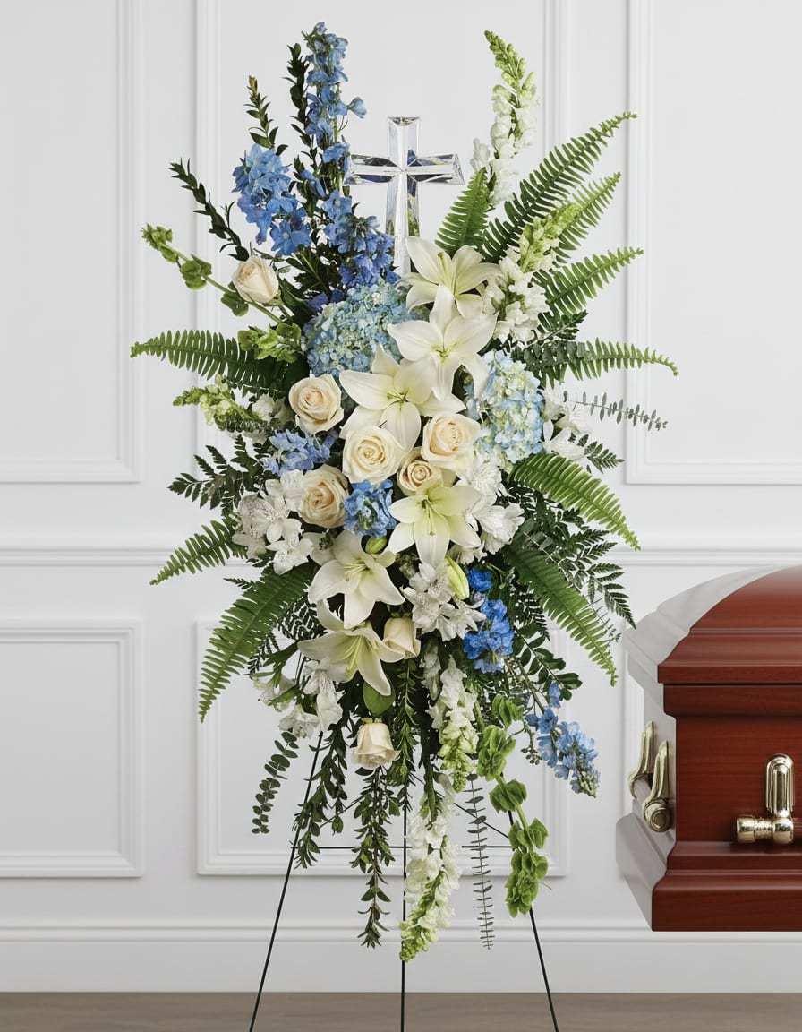 Tall standing spray of white lilies, cream roses, and blue flowers with a cross on an easel