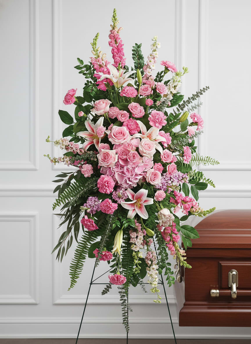 Tall standing spray of pink roses, lilies, and carnations on an easel beside a casket