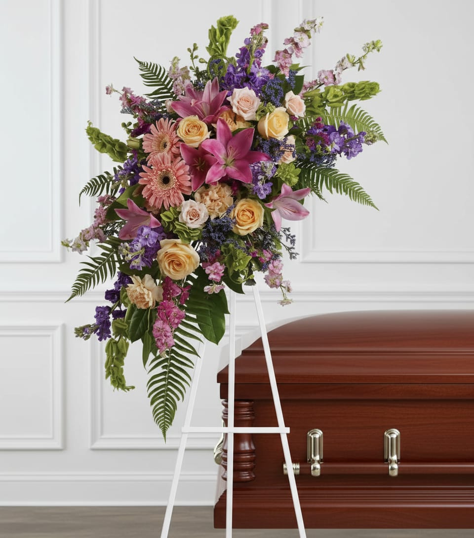 Heavenly Grace Spray - A sublime garden of rich yet subtle hues is a touching tribute to a lifetime of memories and special moments as varied and dear as this palette of blooms.