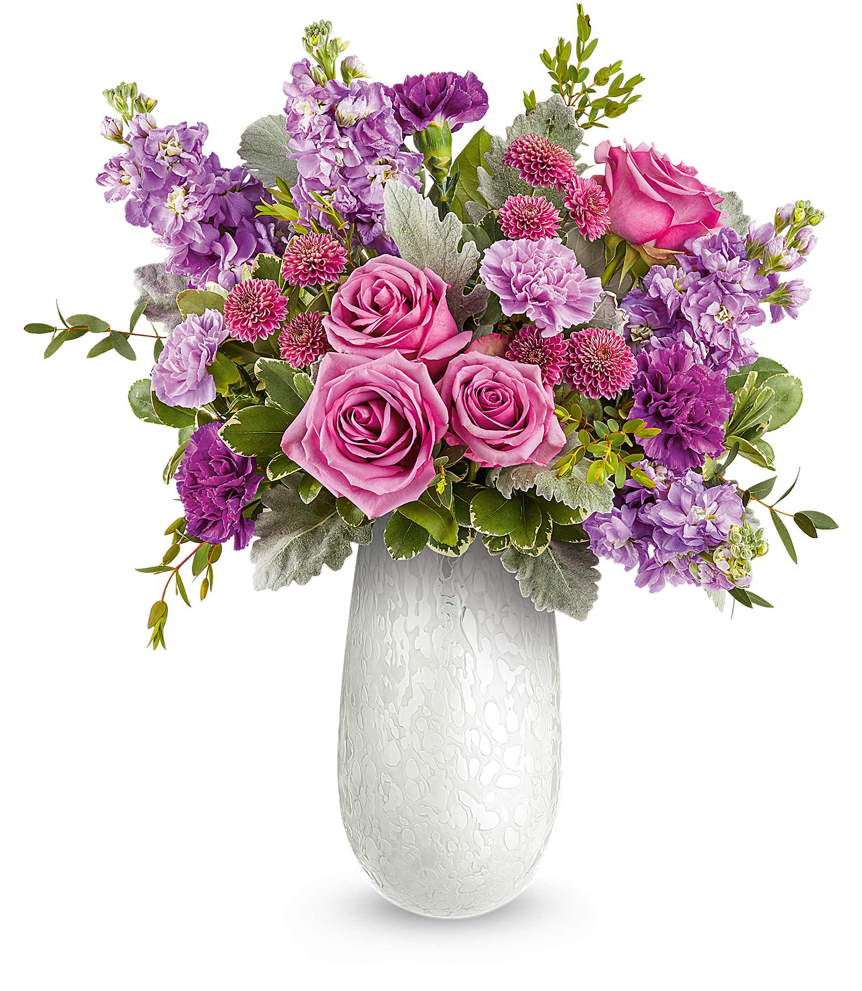 Amelia Bouquet - Delight Mom with our Amelia Bouquet, a graceful mix of pink and lavender blooms beautifully arranged in our Amelia Vase. This elegant art glass keepsake adds soft shimmer and a heartfelt touch to her Mother's Day.