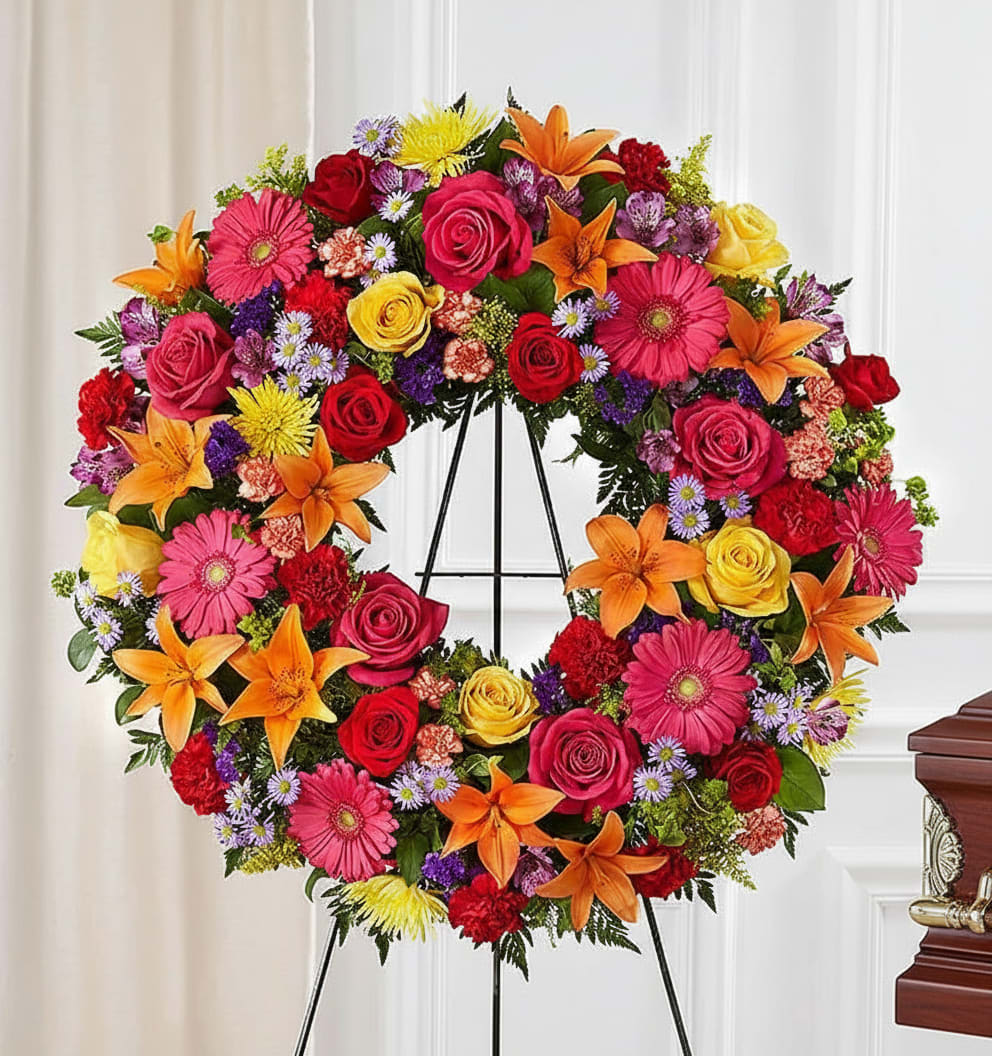 Colorful floral wreath on a black stand with roses, lilies, and daisies