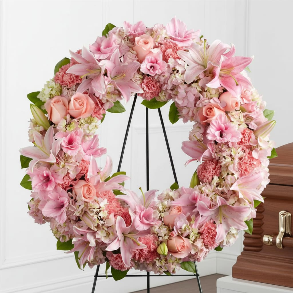 Pink floral funeral wreath on a stand beside a casket