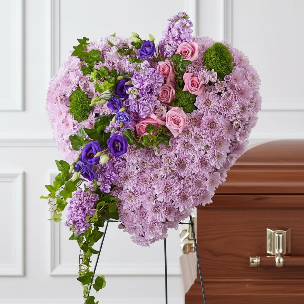 Heart-shaped pink and purple floral funeral spray on a stand beside a casket