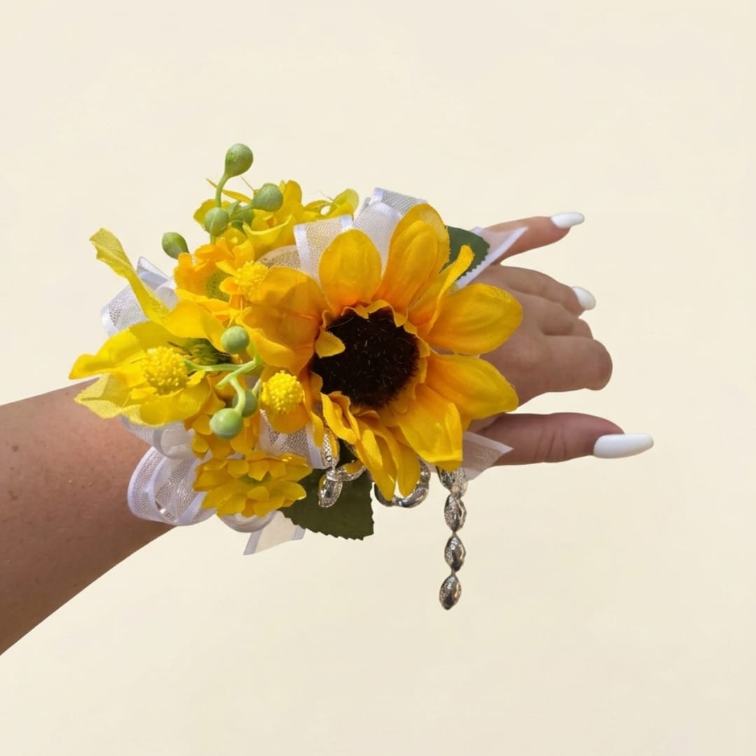 Yellow sunflower wrist corsage with ribbon and dangling beads