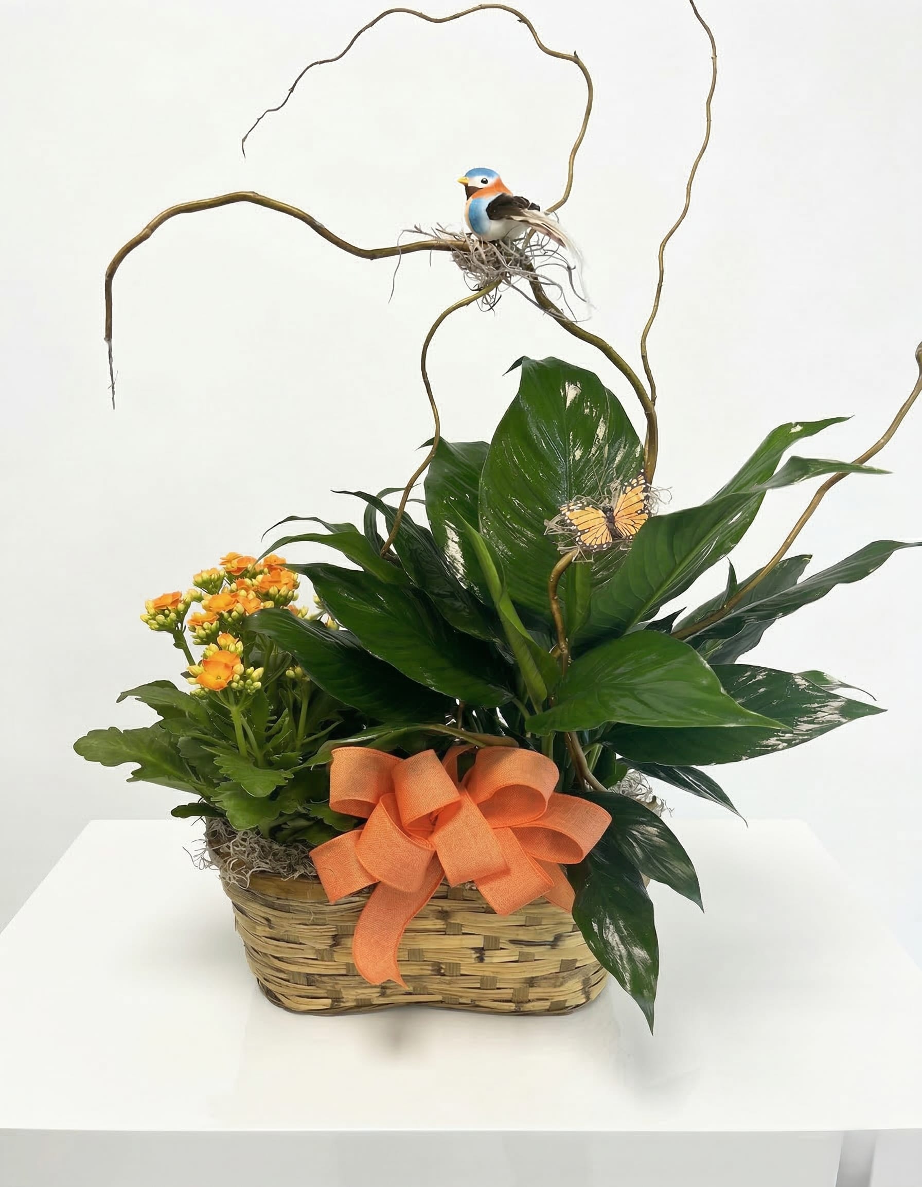 Basket garden with green plants, orange flowers, curly branches, and a decorative bird and bow.
