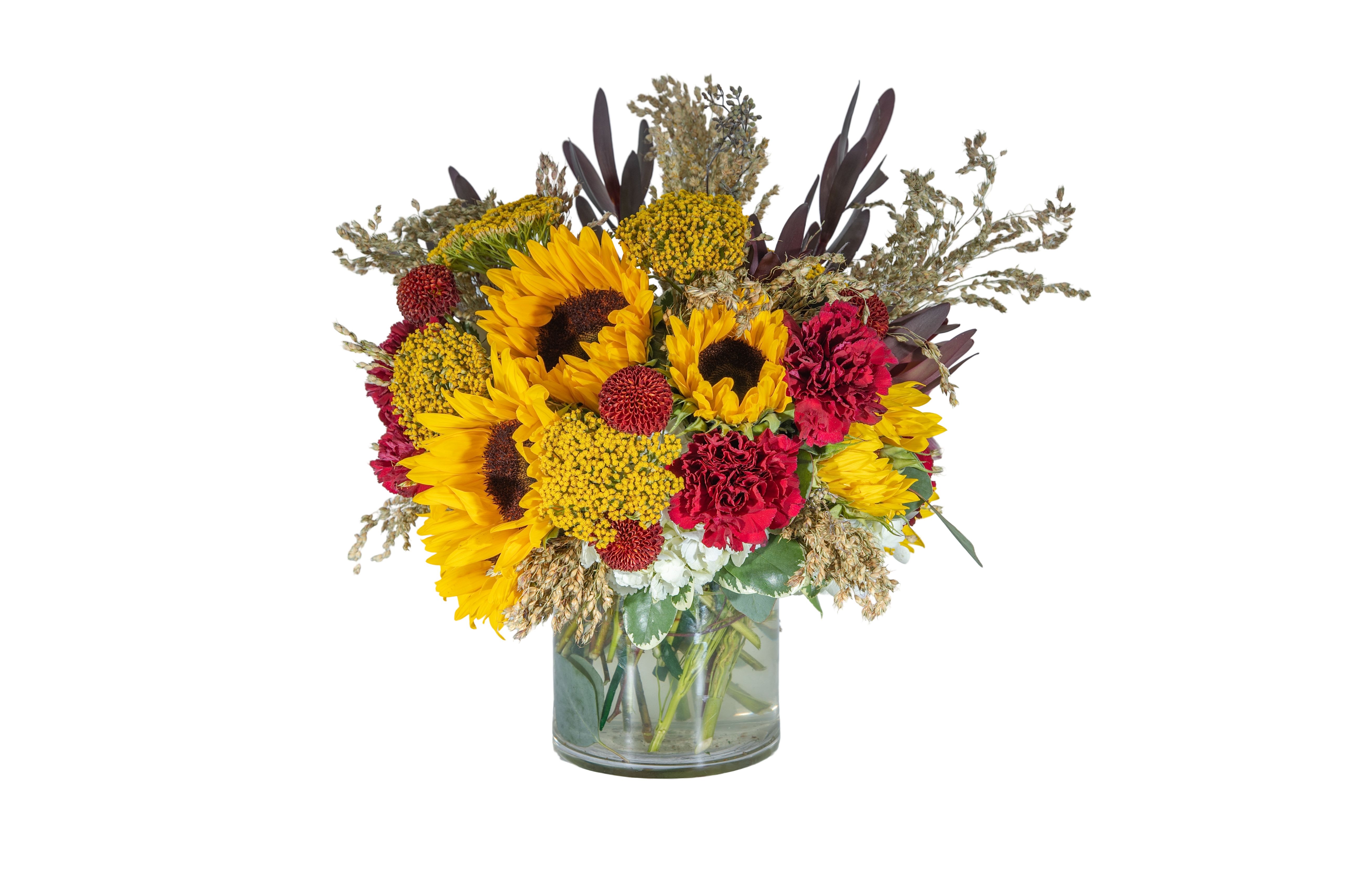 Sunflowers and red carnations in a glass vase